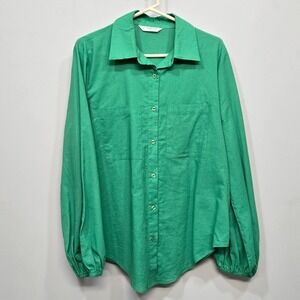 Commense Button Down Shirt Top XL Kelly Green Cotton Linen Lantern Sleeve Preppy